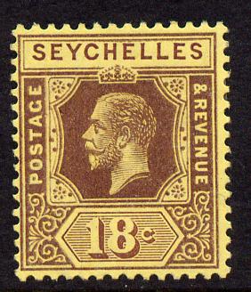 Seychelles 1917-22 KG5 MCA die I - 18c purple on yellow mounted mint SG 88