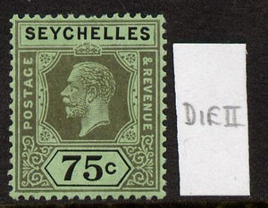 Seychelles 1917-22 KG5 MCA die II - 75c black on emerald mounted mint SG 93a