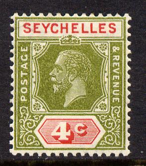 Seychelles 1921-32 KG5 Script CA die II - 4c sage-green & carmine mounted mint SG 102