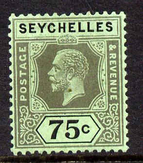 Seychelles 1921-32 KG5 Script CA die II - 75c black on emerald mounted mint SG 118