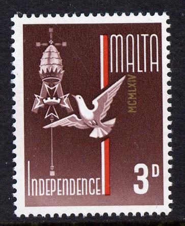 Malta 1964 Independence 3d single with date just touching the A of Malta - appears due to a downwards shift of 21 mm (see 151,198 for marginal strp) unmounted mint SG 322var