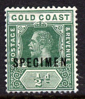 Gold Coast 1913-21 KG5 MCA die I -1/2d green overprinted SPECIMEN fine with gum and only about 400 produced SG 71s