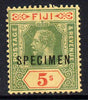 Fiji 1912-23 KG5 MCA 5s green & red on yellow overprinted SPECIMEN without gum and only about 400 produced SG 136s