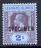 Leeward Islands 1921-32 KG5 Script CA 2s purple & blue on blue overprinted SPECIMEN fine with gum and only about 400 produced SG 74s