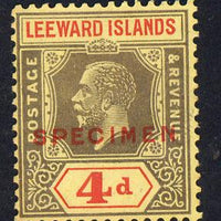 Leeward Islands 1921-32 KG5 Script CA 4d black & red on yellow overprinted SPECIMEN fine with gum and only about 400 produced SG 70s