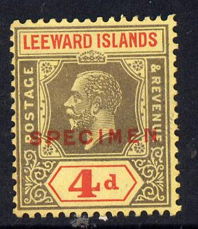 Leeward Islands 1921-32 KG5 Script CA 4d black & red on yellow overprinted SPECIMEN fine with gum and only about 400 produced SG 70s