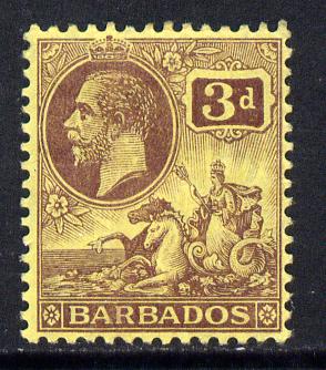 Barbados 1912-16 KG5 MCA 3d purple on yellow mounted mint SG 175