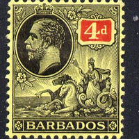 Barbados 1912-16 KG5 MCA 4d black & red on yellow mounted mint SG 176