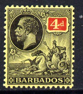 Barbados 1912-16 KG5 MCA 4d black & red on yellow mounted mint SG 176