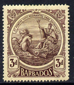 Barbados 1916-19 Large Britannia MCA 3d purple on yellow (thin paper) mounted mint SG 186