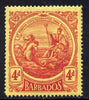 Barbados 1916-19 Large Britannia MCA 4d red on yellow mounted mint SG 187