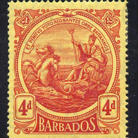 Barbados 1916-19 Large Britannia MCA 4d red on yellow mounted mint SG 187