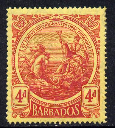 Barbados 1916-19 Large Britannia MCA 4d red on yellow mounted mint SG 187