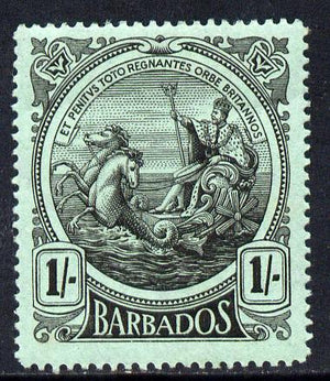 Barbados 1916-19 Large Britannia MCA 1s black on green mounted mint SG 189