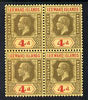 Leeward Islands 1921-32 KG5 Script CA 4d black & red on yellow Die II block of 4 unmounted mint but light overall toning SG 70