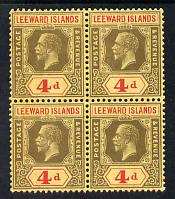 Leeward Islands 1921-32 KG5 Script CA 4d black & red on yellow Die II block of 4 unmounted mint but light overall toning SG 70