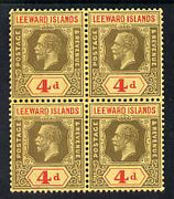 Leeward Islands 1921-32 KG5 Script CA 4d black & red on yellow Die II block of 4 unmounted mint but light overall toning SG 70