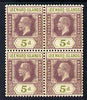 Leeward Islands 1921-32 KG5 Script CA 5d dull purple & olive-green Die II block of 4 unmounted mint but light overall toning SG 71