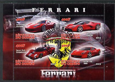 Congo 2013 Ferrari Cars #2 perf sheetlet containing four values fine cto used