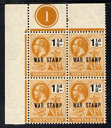 Montserrat 1919 KG5,War Stamp 1.5d black & orange NW corner block of 4 with plate number 1 unmounted mint, SG 62 few split perfs