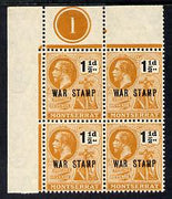 Montserrat 1919 KG5,War Stamp 1.5d black & orange NW corner block of 4 with plate number 1 unmounted mint, SG 62 few split perfs