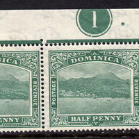 Dominica 1921-22 Roseau Script CA 1/2 green NE corner pair with plate no.1 mounted mint, SG 62