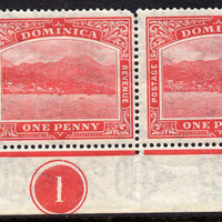 Dominica 1921-22 Roseau Script CA 1d carmine-red SW corner pair with plate no.1 mounted mint, SG 63