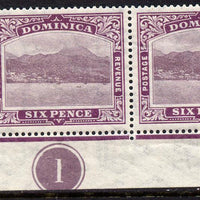 Dominica 1921-22 Roseau Script CA 6d purple SW corner pair with plate no.1 mounted mint, SG 67