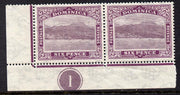 Dominica 1921-22 Roseau Script CA 6d purple SW corner pair with plate no.1 mounted mint, SG 67