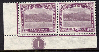 Dominica 1921-22 Roseau Script CA 6d purple SW corner pair with plate no.1 mounted mint, SG 67