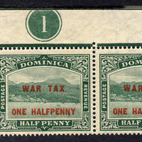 Dominica 1916 KG5 War Stamp 1/2d on 1/2d deep green NW corner pair with plate no.1 unmounted mint, SG 55