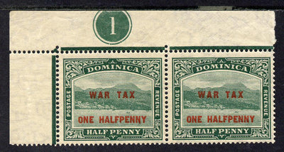 Dominica 1916 KG5 War Stamp 1/2d on 1/2d deep green NW corner pair with plate no.1 unmounted mint, SG 55