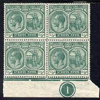 St Kitts-Nevis 1921-29 KG5 Script CA Columbus 1/2d blue-green marginal block of 4 with plate no.1 unmounted mint light crease, SG 37