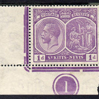 St Kitts-Nevis 1921-29 KG5 Script CA Medicinal Spring 1d violet corner single with plate no.1 unmounted mint, SG 39