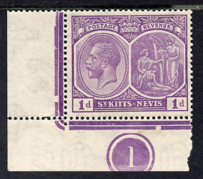 St Kitts-Nevis 1921-29 KG5 Script CA Medicinal Spring 1d violet corner single with plate no.1 unmounted mint, SG 39