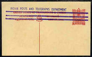 Indian States - Travancore-Cochin 1950c 4 pies p/stat card (Palm Tree) as H & G 3 but handstamped 'Indian Posts And Telegraphs Department' & original text and stamp obliterated