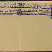 Indian States - Travancore-Cochin 1950c 4 pies p/stat card (Elephants) as H & G 4 but handstamped 'Indian Posts And Telegraphs Department' & original text and stamp obliterated with three lines in violet