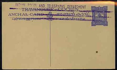 Indian States - Travancore-Cochin 1950c 4 pies p/stat card (Elephants) as H & G 4 but handstamped 'Indian Posts And Telegraphs Department' & original text and stamp obliterated with three lines in violet