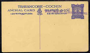 Indian States - Travancore-Cochin 1950c 4 pies p/stat card (Elephants) as H & G 4 but handstamped 'Indian Posts And Telegraphs Department' in violet