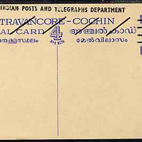 Indian States - Travancore-Cochin 1950c 4 pies p/stat card (Elephants) as H & G 4 but overprinted 'Indian Posts And Telegraphs Department' in black, original text obliterated with four diagonal lines and stamp obliterated with four horizontal lines