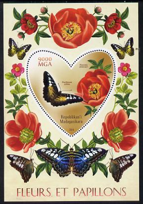 Madagascar 2014 Flowers & Butterflies #3 perf souvenir sheet containing heart shaped value unmounted mint