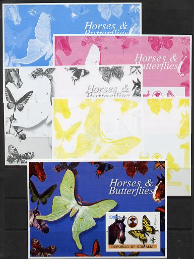 Somalia 2003 Horses & Butterflies (also showing Baden Powell and Scout & Guide Logos) s/sheet - the set of 5 imperf progressive proofs comprising the 4 individual colours plus all 4-colour composite unmounted mint