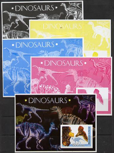 Benin 2003 Dinosaurs & Minerals souvenir sheet - the set of 5 imperf progressive proofs comprising the 4 individual colours plus all 4-colour composite unmounted mint