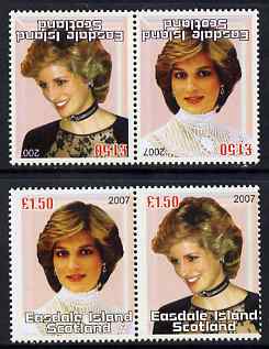 Easdale 2007 Princess Diana £1.50 #1 perf se-tenant pair with images transposed and Country, value & date inverted (normal shown here for comparison but is not included) unmounted mint