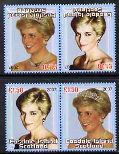 Easdale 2007 Princess Diana £1.50 #3 perf se-tenant pair with images transposed and Country, value & date inverted (normal shown here for comparison but is not included) unmounted mint