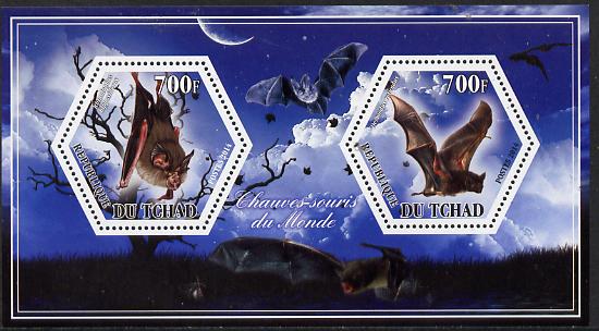 Chad 2014 Bats #1 perf sheetlet containing two hexagonal-shaped values unmounted mint