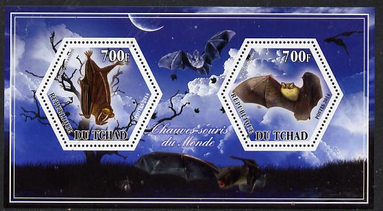 Chad 2014 Bats #2 perf sheetlet containing two hexagonal-shaped values unmounted mint