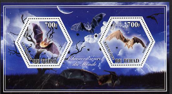 Chad 2014 Bats #3 perf sheetlet containing two hexagonal-shaped values unmounted mint