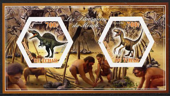 Chad 2014 Dinosaurs #2 imperf sheetlet containing two hexagonal-shaped values unmounted mint