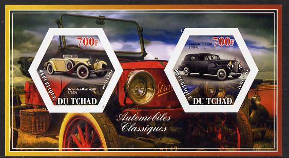 Chad 2014 Classic Cars #1 imperf sheetlet containing two hexagonal-shaped values unmounted mint